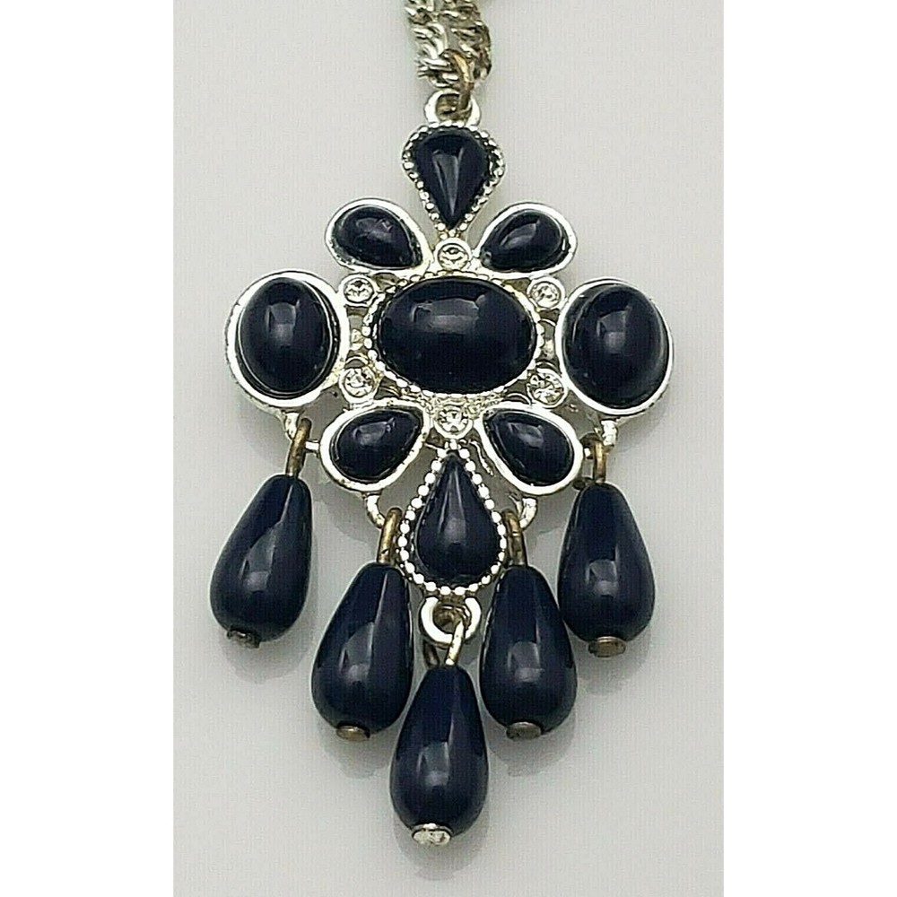 Navy Blue Bead Cabochon Pendant Necklace Rhinestones Silver Signed NWT Vintage